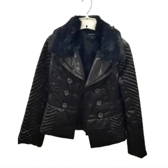 Bebe black Satin Quilted Pea Coat with fur collar Women's Size S - Picture 6 of 17
